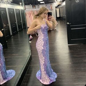 pink blue and purple sherri hill prom dress